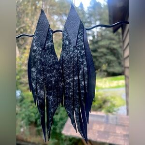 Black Metallic Fringe Layered Leather Drop Earrings Rave Coachella Vibes NWT